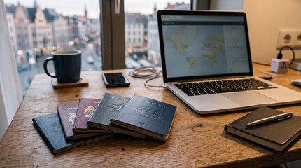 Fototapeta premium Travel planning with laptop passports coffee and city view from window desk