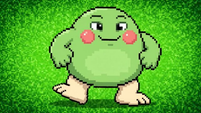 Pixel Art Round Green Monster Character Standing. 4K Video