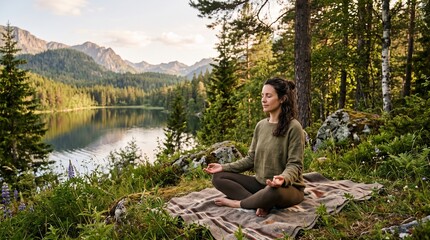 Fototapeta premium Woman meditating peacefully in lotus pose on blanket by serene mountain lake surrounded by lush forest