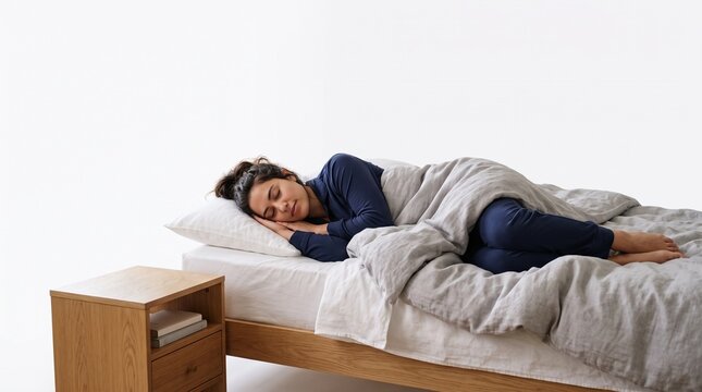 Young woman peacefully sleeping in a comfortable bed with a bedside table nearby