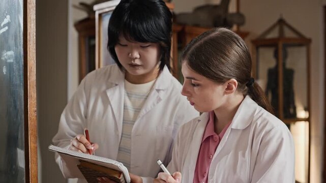 Diverse young adult female medical students, Asian and Caucasian, studying anatomical specimen in museum, taking notes and discussing findings. Clip is ideal for medical education marketing