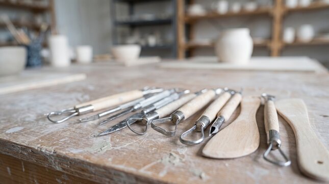 A collection of pottery tools arranged on a wooden table in a workshop. The tools include various shaping and carving instruments, with wooden handles and metal tips.