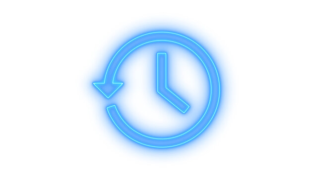 Glowing neon history clock icon isolated on transparent background. Backup time. Rewind button. Watch face. Time lapse. Past era. Undo sign. Circular arrow