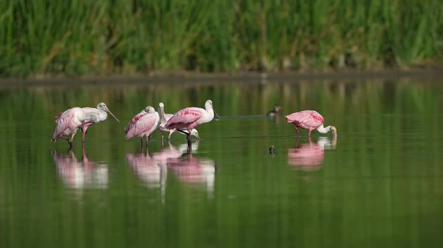 pink spoonbills in the still lake with reflections