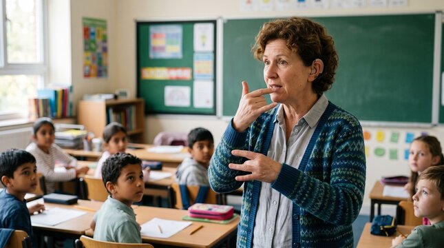 Teacher using sign language in a classroom with diverse young students attentively listening and learning