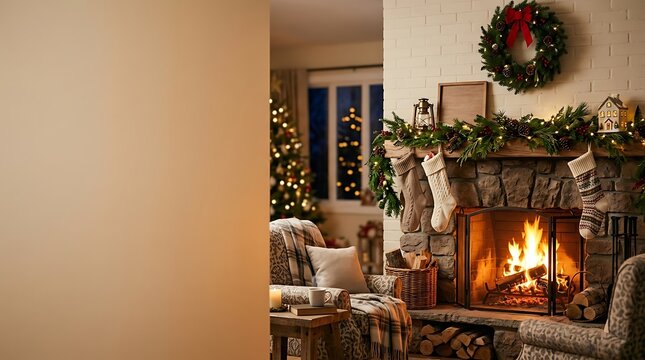 Cozy living room with fireplace and festive christmas decorations