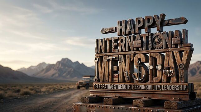 International men's day greeting in a rugged mountain landscape