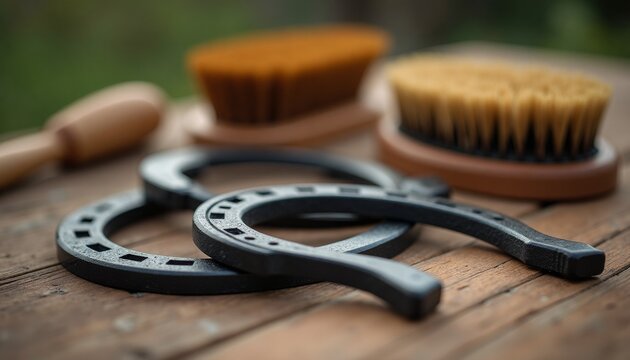 Horseshoes and grooming brushes on a wooden surface. The scene includes two black horseshoes and two brushes with bristles in brown and yellow colors.