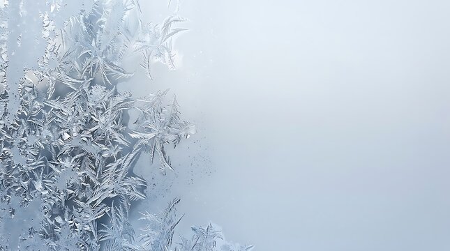 Intricate white frost crystals on a frozen window pane