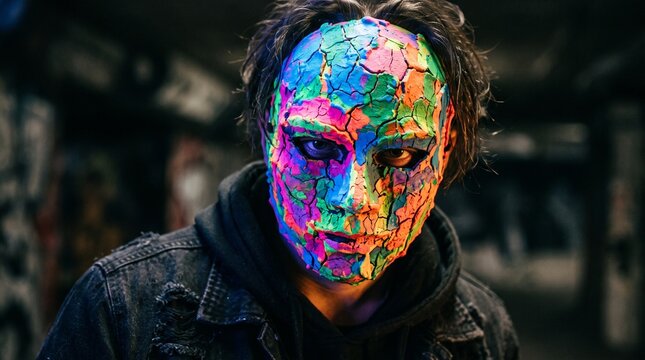 Fluorescent body paint on a man with vibrant cracked texture