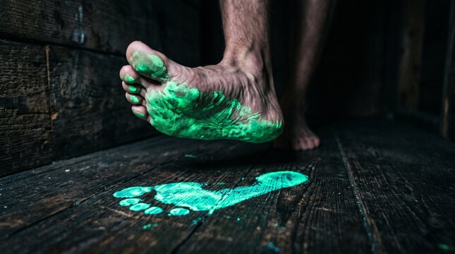 Fluorescent body paint on foot stepping over glowing green footprint