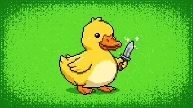 Pixel Art Cute Yellow Duck Holding Small Dagger. 4K Video