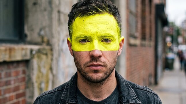 Fluorescent body paint on a man face in an urban city setting