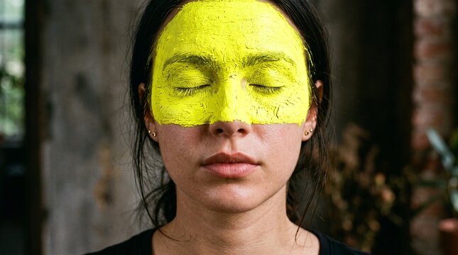 Fluorescent body paint on woman face with eyes closed in dark room
