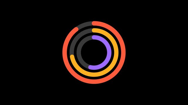 Concentric Triple Progress Rings Goal Gauge Filling in Coral Amber and Violet on Black Background 4K Luma Key Overlay