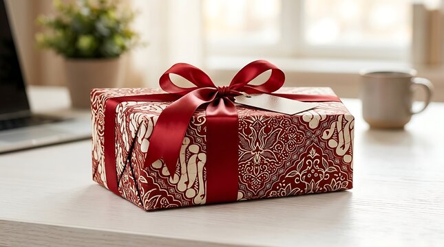 Beautifully wrapped gift box with red ribbon on white table
