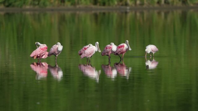 pink spoonbills in the still lake with reflections