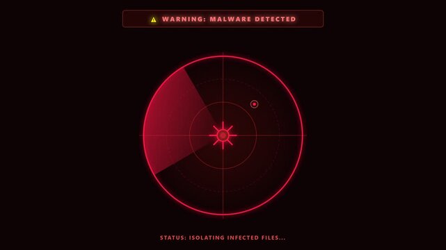 Malware detected warning radar scan animation video. Red cyber security threat alert and isolating files display for tech UI motion graphic