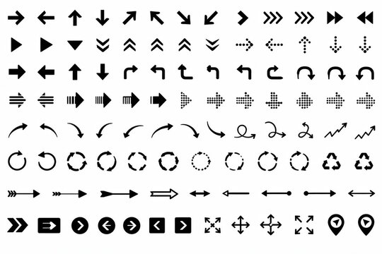 Set of black arrow icons and navigation symbols for user interface design isolated on white background