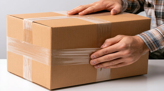 Hands Sealing Brown Cardboard Box With Clear Adhesive Packaging Tape Desk

