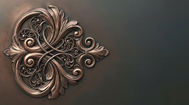 Ornate bronze filigree ornament on dark textured background