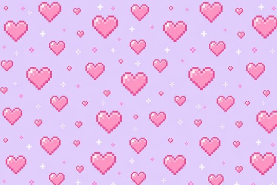 Seamless pattern with cute pink pixel hearts on a light purple background