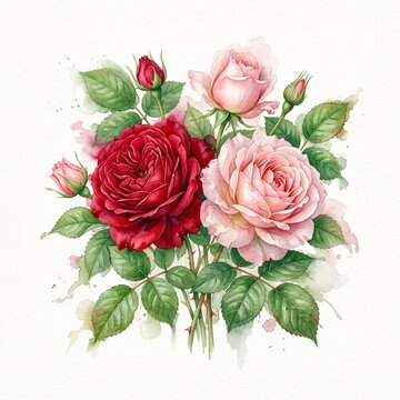 Romantic red and blush roses painted in realistic watercolor style, layered petals, natural watercolor bleeding effects, fresh green leaves, isolated on a crisp white background