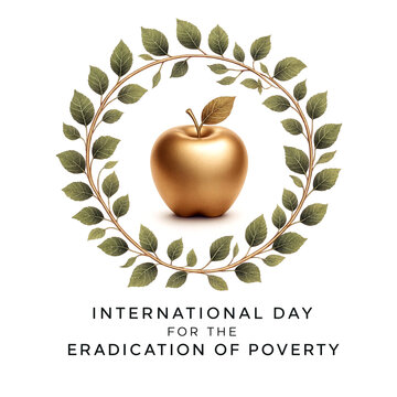 Golden apple surrounded by green leaves wreath for poverty eradication awareness campaign design