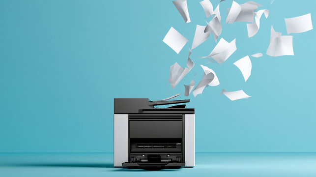 Office Printer Ejecting Fly Sheets Of Paper In Blue Sky Outdoor Background

