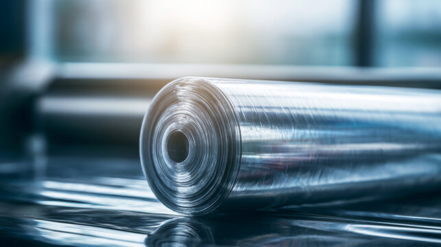 Roll Of Polyolefin Shrink Wrap Film On Industrial Packaging Production Machine

