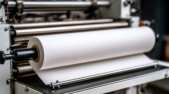 Large White Paper Roll Mounted On Industrial Machine In Printing Factory

