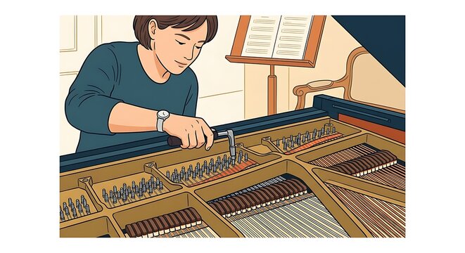 Professional piano technician tuning the strings of a grand piano