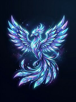 Majestic glowing crystalline phoenix bird with spread wings