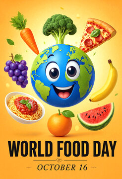 Happy cartoon globe with various foods celebrating world food day event poster design