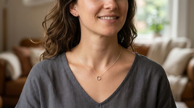 Woman wearing elegant minimal circle pendant necklace and grey top