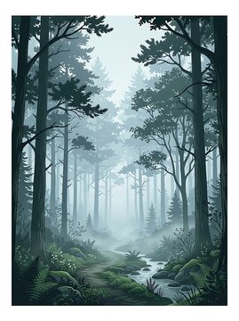 Misty evergreen forest with a small stream and a hiking trail