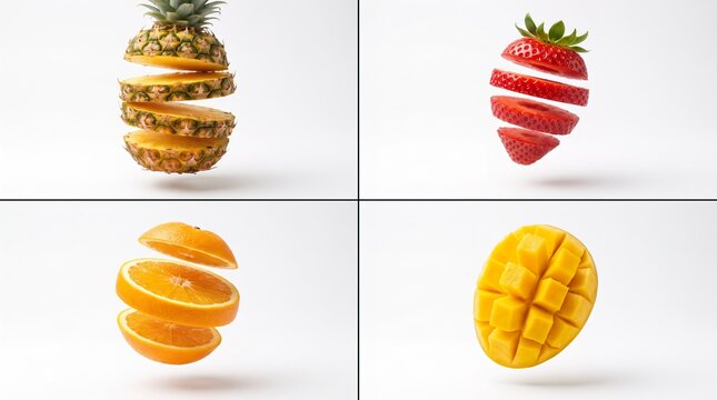 Creative food art collage featuring a pineapple, strawberry, orange, and mango sliced into horizontal sections that are magically levitating in mid-air against a pure white background
