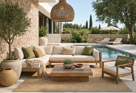 Lush greenery frames a tranquil poolside patio