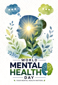 Inspirational world mental health day poster with watercolor design and nature elements illustration