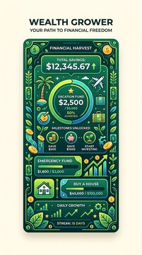 Financial planning mobile app interface with wealth growth goals