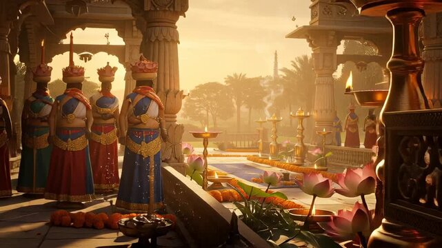 Traditional Indian Temple Ceremony with Glowing Oil Lamps at Sunset