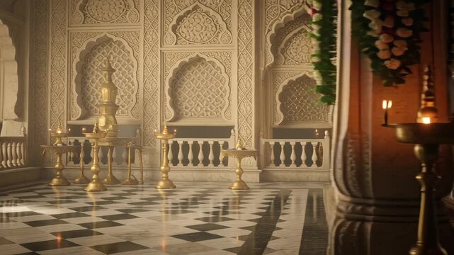 Empty Ancient Royal Palace Hall with Traditional Oil Lamps and Decor