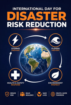 International day for disaster risk reduction with earth and safety icons highlighting preparedness measures