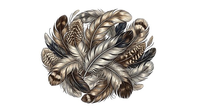 Circular cluster of detailed brown and black bird feathers