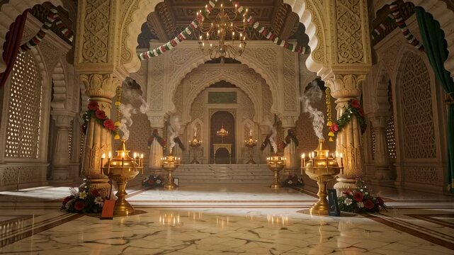 Ornate stone temple interior with golden oil lamps and incense smoke