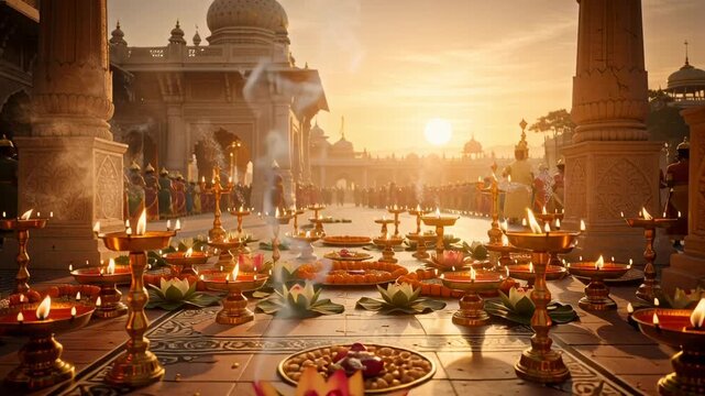 Golden Lamps Illuminate Traditional Temple Courtyard During Sunset