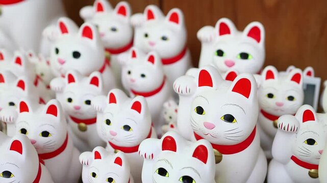 Collection of small lucky cat figurines with red ears and collars, known as maneki neko, displayed at Gotokuji Temple in Japan. Traditional symbol of welcome, fortune and positive energy.