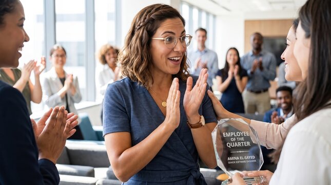 Generative AI, Woman receiving an employee recognition award among applauding colleagues
