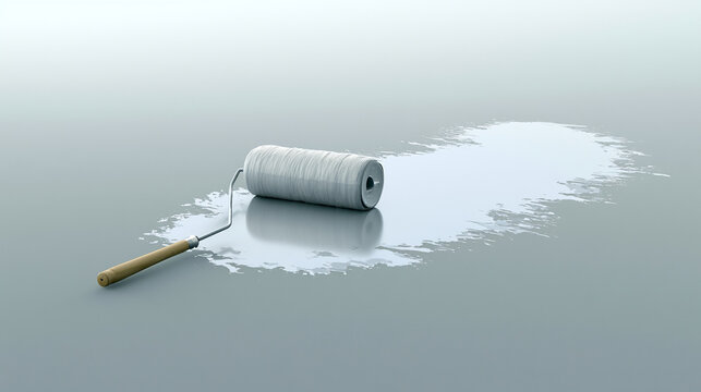Paint Roller Applying White Coating On Smooth Grey Floor Surface Concept

