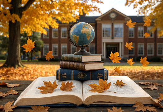 Open book with stacked vintage books and globe surrounded by autumn leaves in park setting